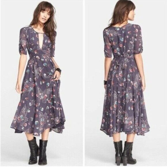 Free People 2 XS Bonnie Dress Floral CottageCore Blue Fit Flare Boho Coquette - Picture 11 of 15